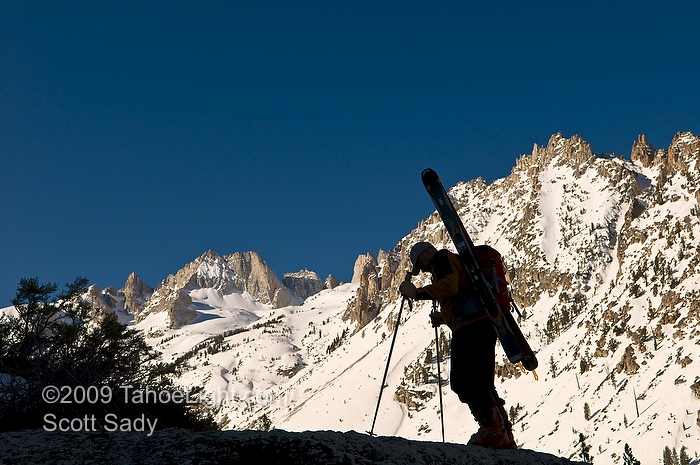 Climbing over the rise in Horse Creek canyon, headed to ski Matterhorn peak, center