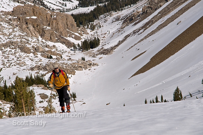 Skinning up the steep hill that seperates Horse Creek drainage from the glacier