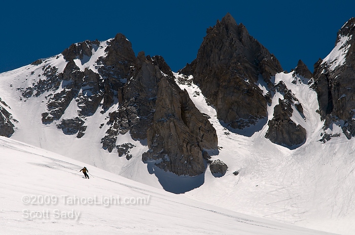 Coming down the open face below the Matterhorn peak, with the east and west couloirs visible, and the ski dreams route, far left of picture.