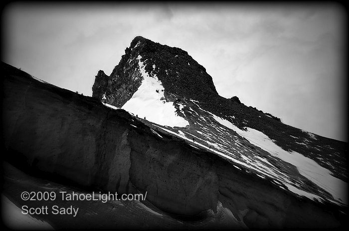 mt_shasta_climb_725a Red banks and the small figures climbing it with thumb rock sticking up behind. This photo was from my ski route down the lookers left route from the top of Red Banks