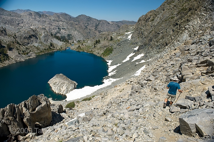 The most difficult and dangerous climb was the steep and loose rock at the southern end of Iceberg lake heading up to Cecile Lake in the Ansel Adams wilderness. This was day 4 of a 5 day cross country route that was a version on the popular Minaret Lake-Thousand Island Lake loop.