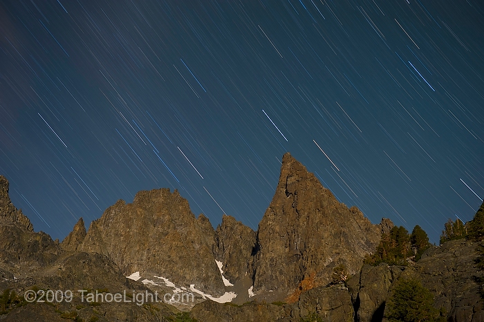 Star trails over the moonlit minarets just above minaret lake in the Ansel Adams wilderness. This was day 5 of a 5 day cross country route that was a version on the popular Minaret Lake-Thousand Island Lake loop.