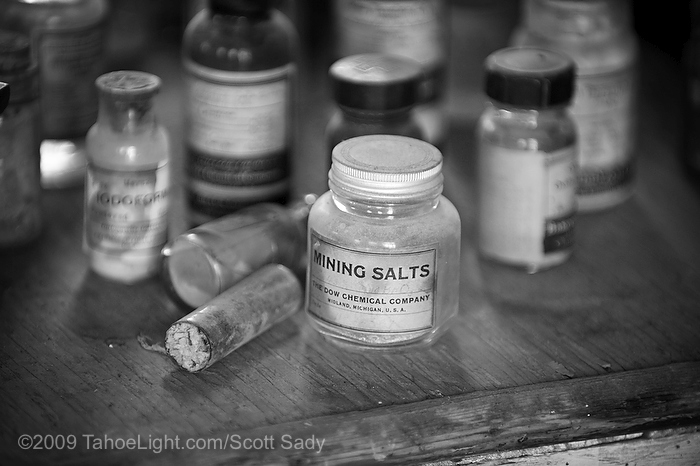 Bottles used in the assay of ore at the Berlin-Ichthyosaur state park in central Nevada. This unique Nevada state park just south of Austin combines the well-preserved ghost town of Berlin with what used to be the largest Ichthyosaur fossils in the world at 56 feet. Recently an Ichthyosaur was discovered in Canada over 70 feet long, but where do you get ghost town and dinosaur all in one visit?