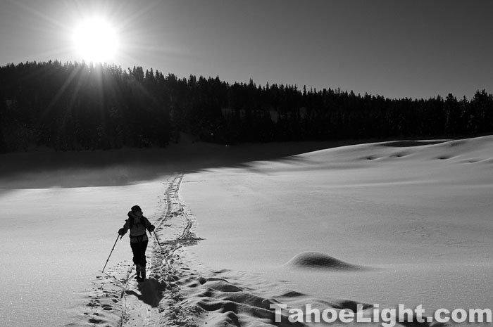 backcountry skiing touring across frozen lake touring in winter