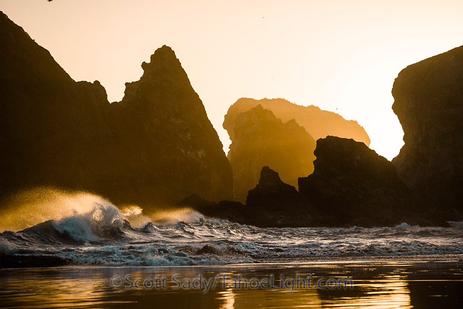 The sun shining through the rocks at sunset creates great texture.