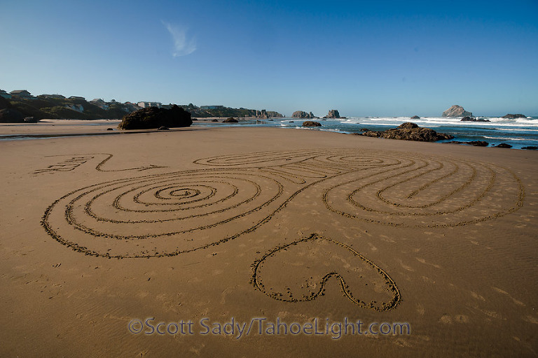 Elaborate sand labyrinth on Bandon Beach made often times by a fellow named Denny Dyke are striking and beautiful