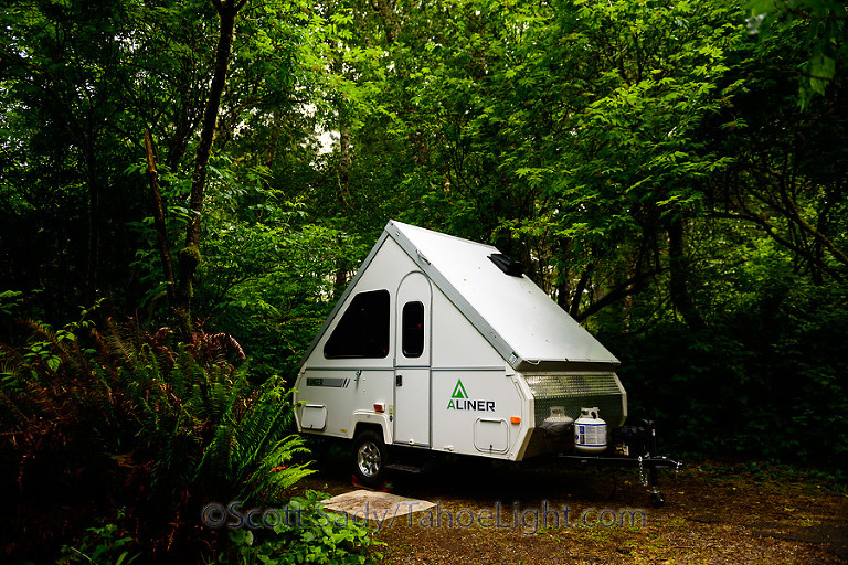 Aliner in redwood campground at Patricks Point State Park