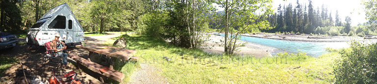 Panoramic view of the Aliner and our river-side campground at Hoh Rain Forest. For a rain forest, it was pretty damn hot.