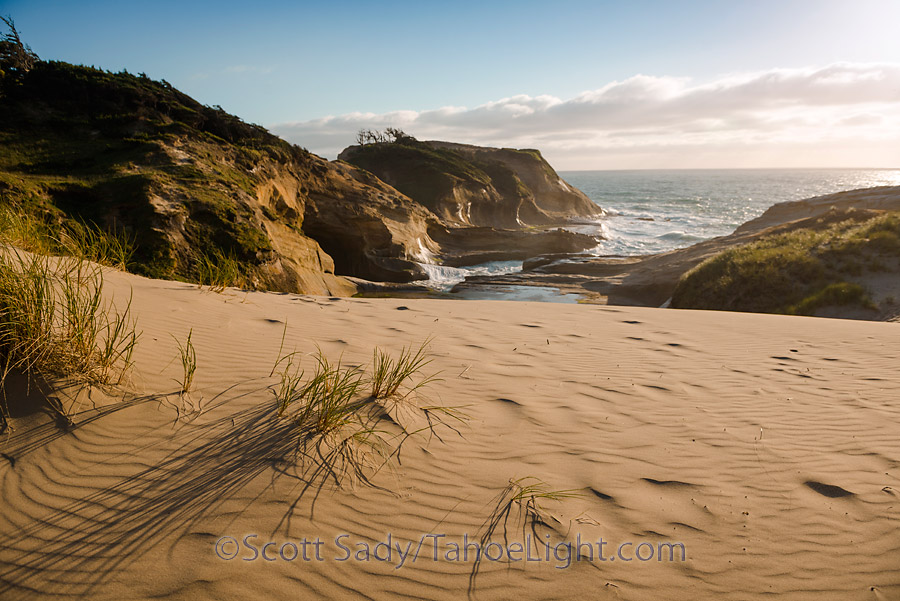 A pulled back look at the coast from the sand dunes in the Cape Kiwanda park area.