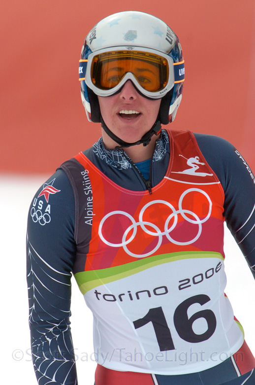Stacy Cook of Mammoth Mountain at the finish line after her downhill run in the 2006 winter olympics in Italy. I know Mammoth isn't really local, but close enough.