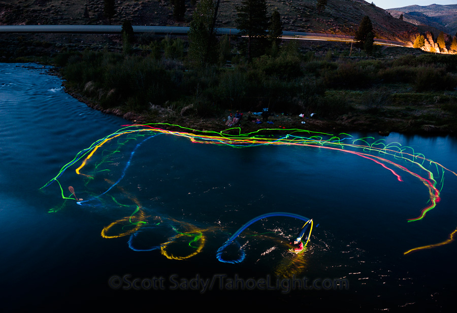 In conjunction with the River Festival, the world Mystery squirt boating championships were held on the Truckee River farther upstream the following weekend. Squirtboating involves sinking your boat underwater and basically seeing how long you can stay down. The longest downtime wins. Problem is, spectators can't see anything once a boat goes underwater. So we decided to attach glowsticks to the boats of some of the top paddlers in order to show the graceful spinning that they do while under-water.