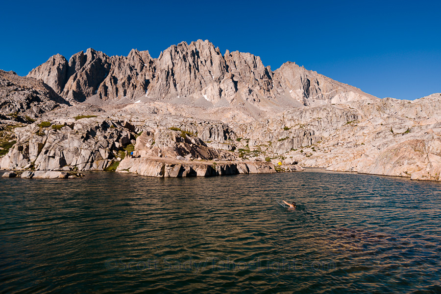 Monique swims for home at our awesome camp at one of the Barlett lakes in Palisade Basin.