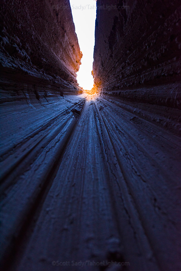Looking up 80 feet or so to the top of one of the many small slot-canyons in Cathedral Gorge State Park.