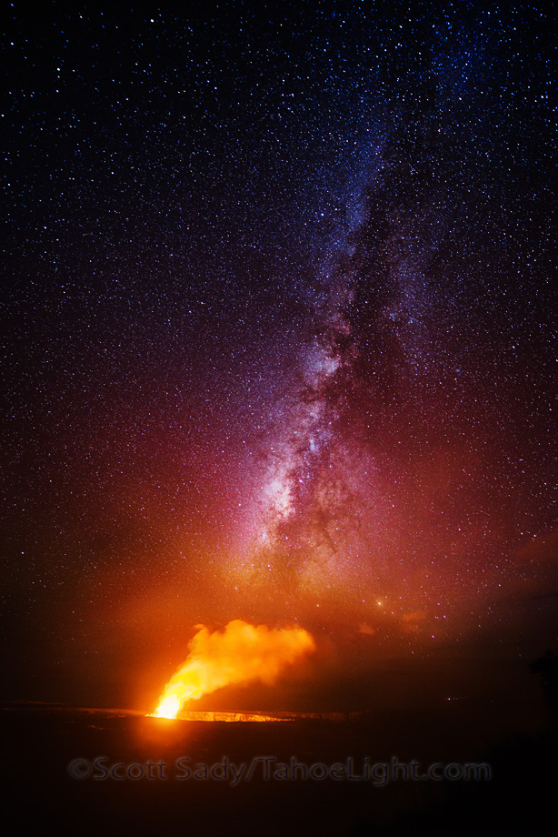Night shot of Milky Way galaxy and Halema'uma'u Crater on Hawaii. Out of three days here, we had one mostly clear night when all these pictures were taken.