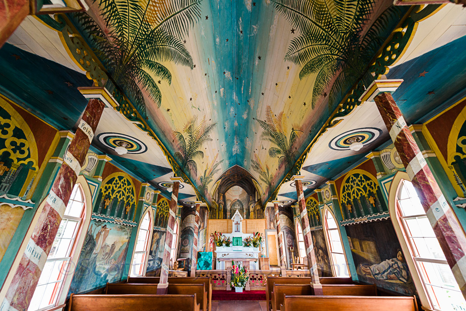 St. Benedict's Catholic Church near Honaunau, the more famous of Hawaii's two painted churches. St. Benedict's dates back to between 1899 an d1904. Father John Velge painted the myriad frescos on the walls and roof and local volunteers lovingly maintain it.