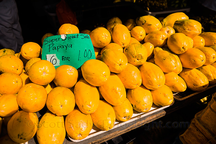 The farmers market in Hilo is the place for deals on good food. 6 papaya for a buck. Can't beat that!
