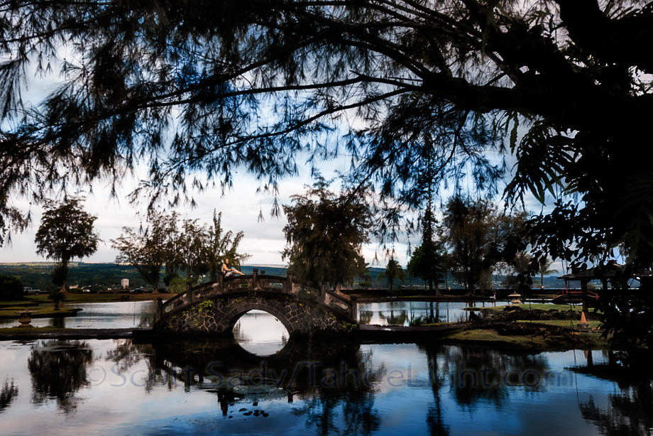 The Japanese gardens in Hilo, where a clock stands stopped at 1:04 am. After a second devastating Tsunami struck here with a 20 foot wave at 1:04 am in 1960, the state prohibited residential rebuilding in the twice affected areas, turning much of the land into public parks.