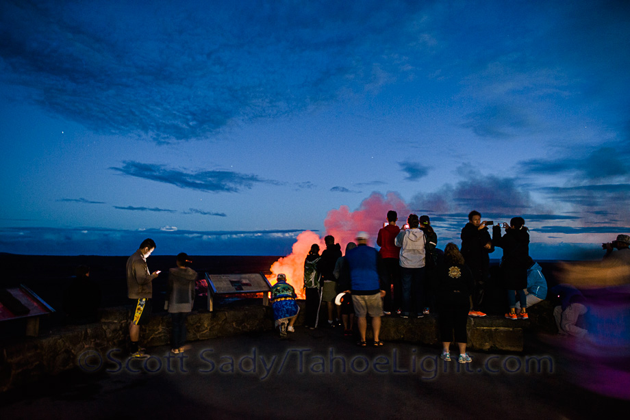 Since flowing lava is currently not visible, the next best thing, is to view Halema'uma'u Crater by night at Volcanoes National Park from the observation deck at the Jaggar museum on the big island of Hawaii. One of my main goals was seeing lava moving down to the sea, unfortunately at present the lava flow on Hawaii is tiny and on inaccessible private property.