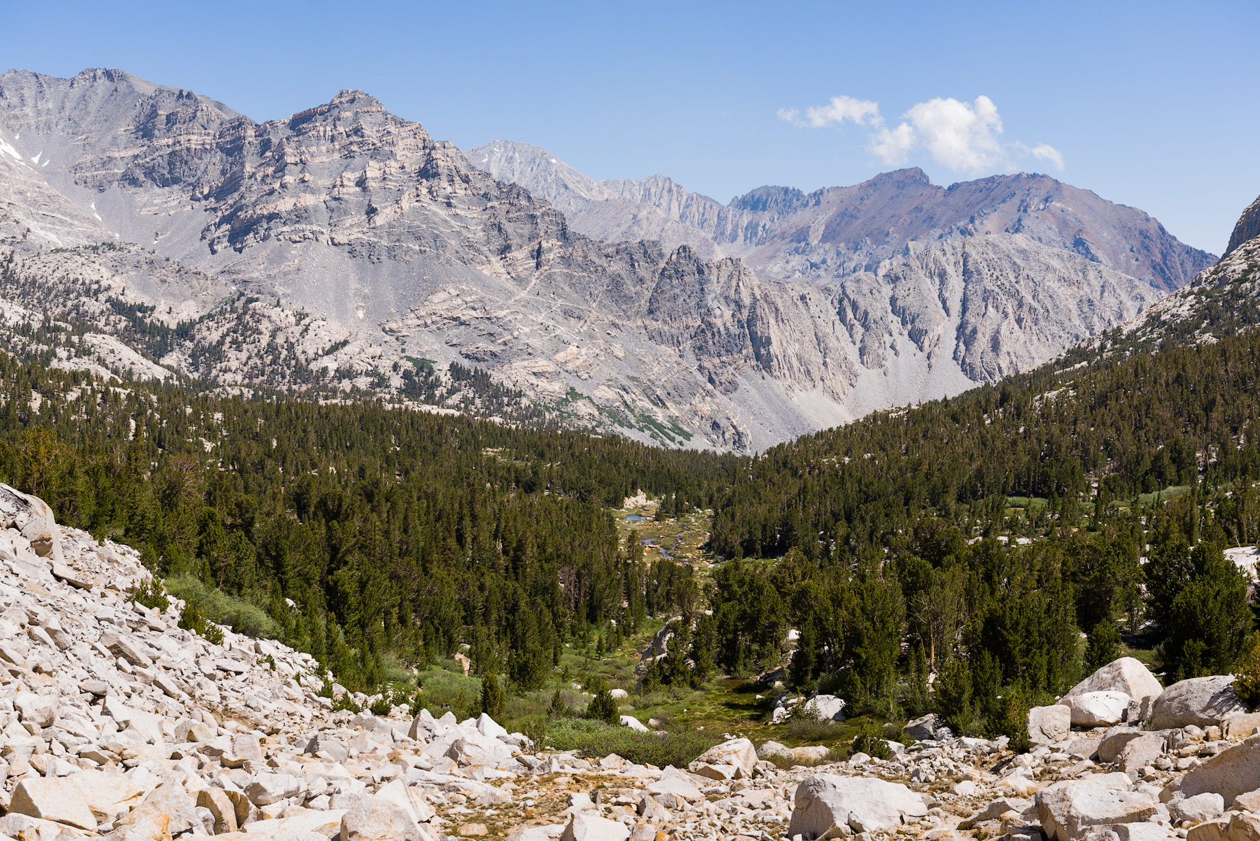 Looking back from Pine Creek Pass at the trail and drainage up from the trailhead.