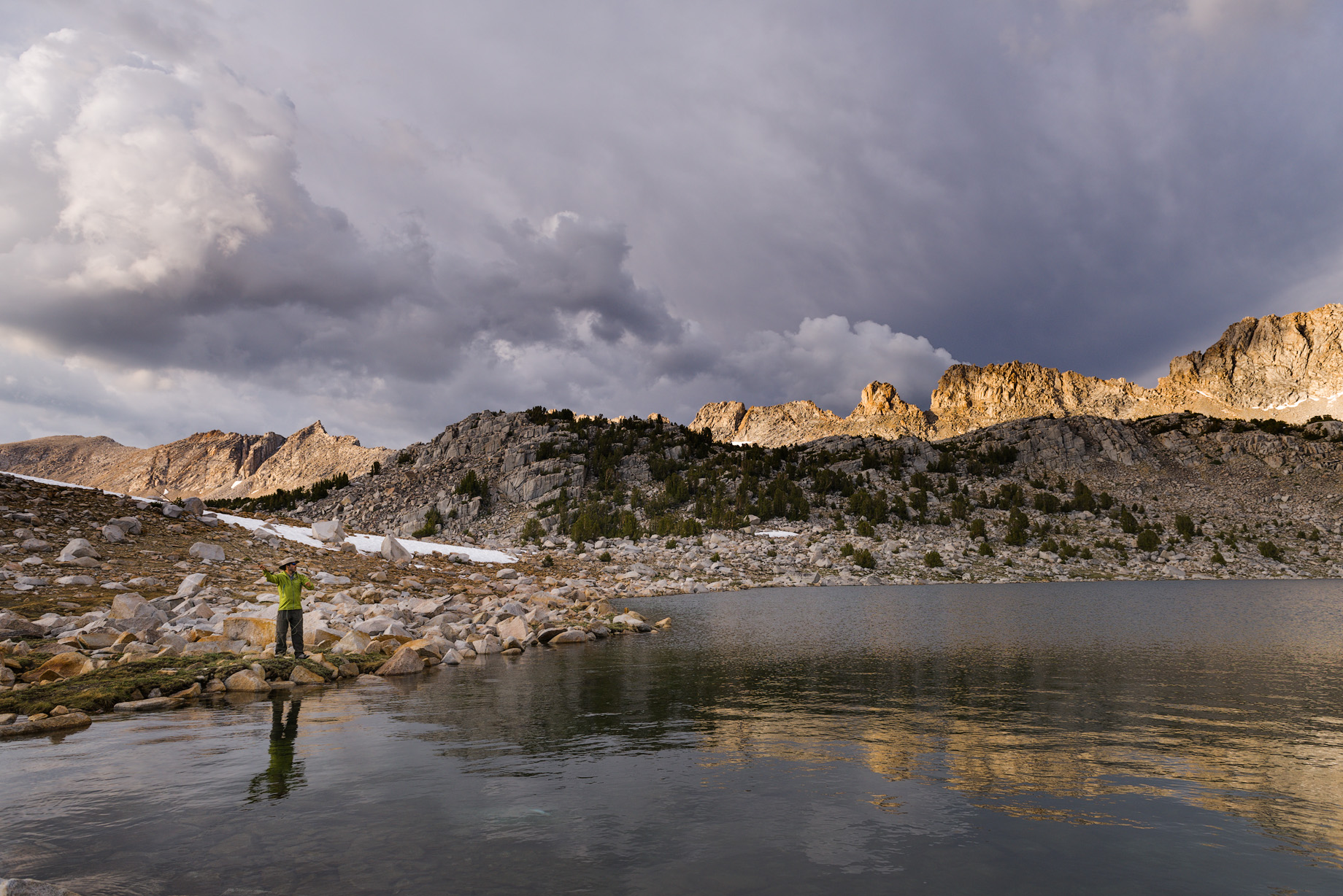 We explored the many lakes around L Lake during the day, and after seeing hundreds of decent sized fish in and around the outflow of Steelhead lake, some of the crew decided to fish there at sunset, they caught 6 fish each, I believe, but released most of them back.