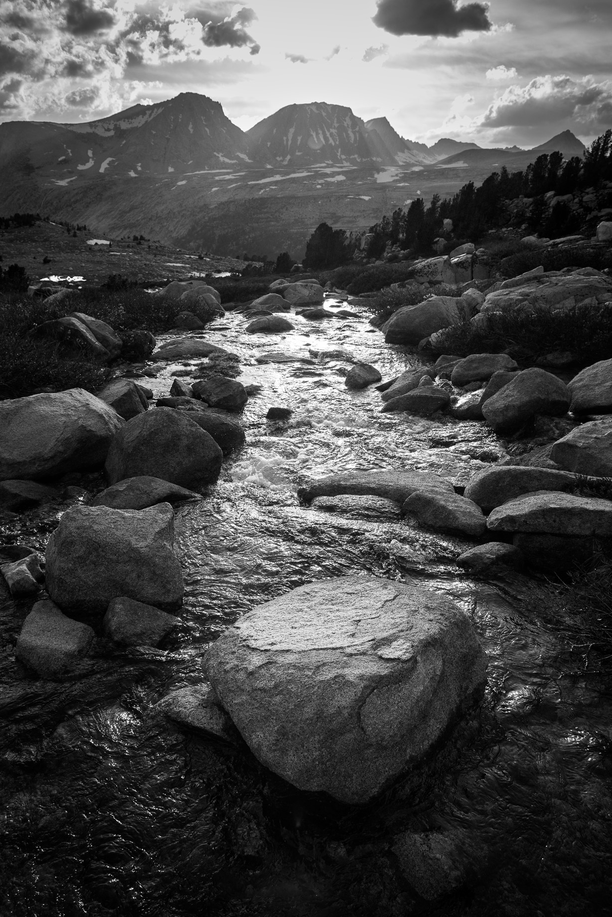 A black and white shot just after the sun passed behind Royce Peak.