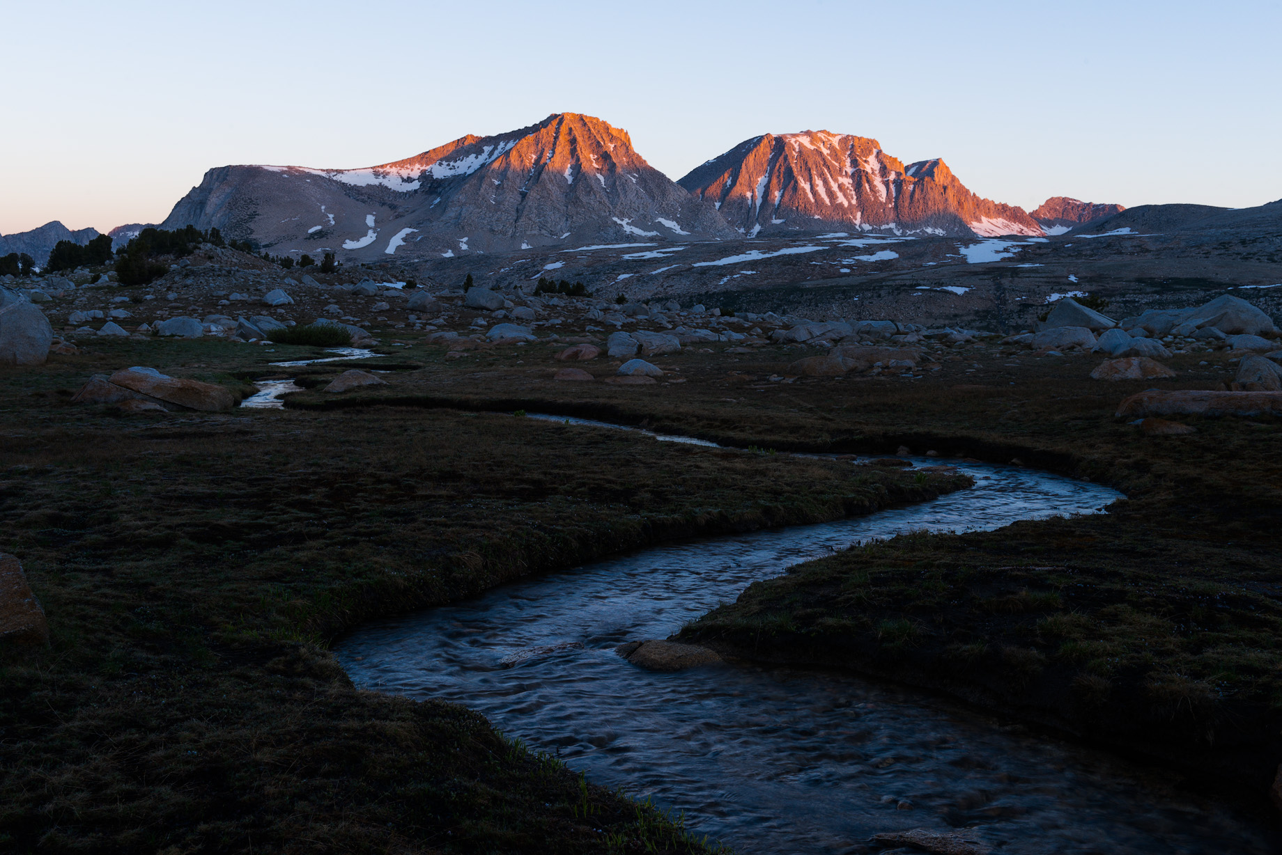 Lacking wildflowers and with Royce and Merriam being the only peaks getting first light from our vantage point, I went back up to my little streams at sunrise.