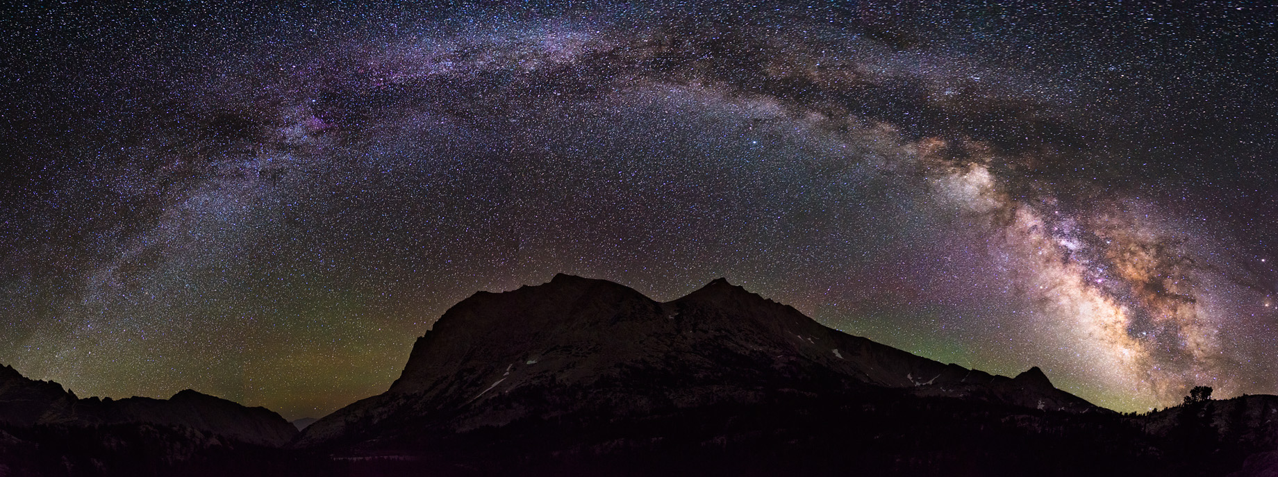 Given that this trip happened during a period of basically no moon, I had my sights set on trying a Milky Way panorama, but did get any decent compositions until this final night, when the Milky Way arced perfectly over the peaklet behind Upper Pine Lake.