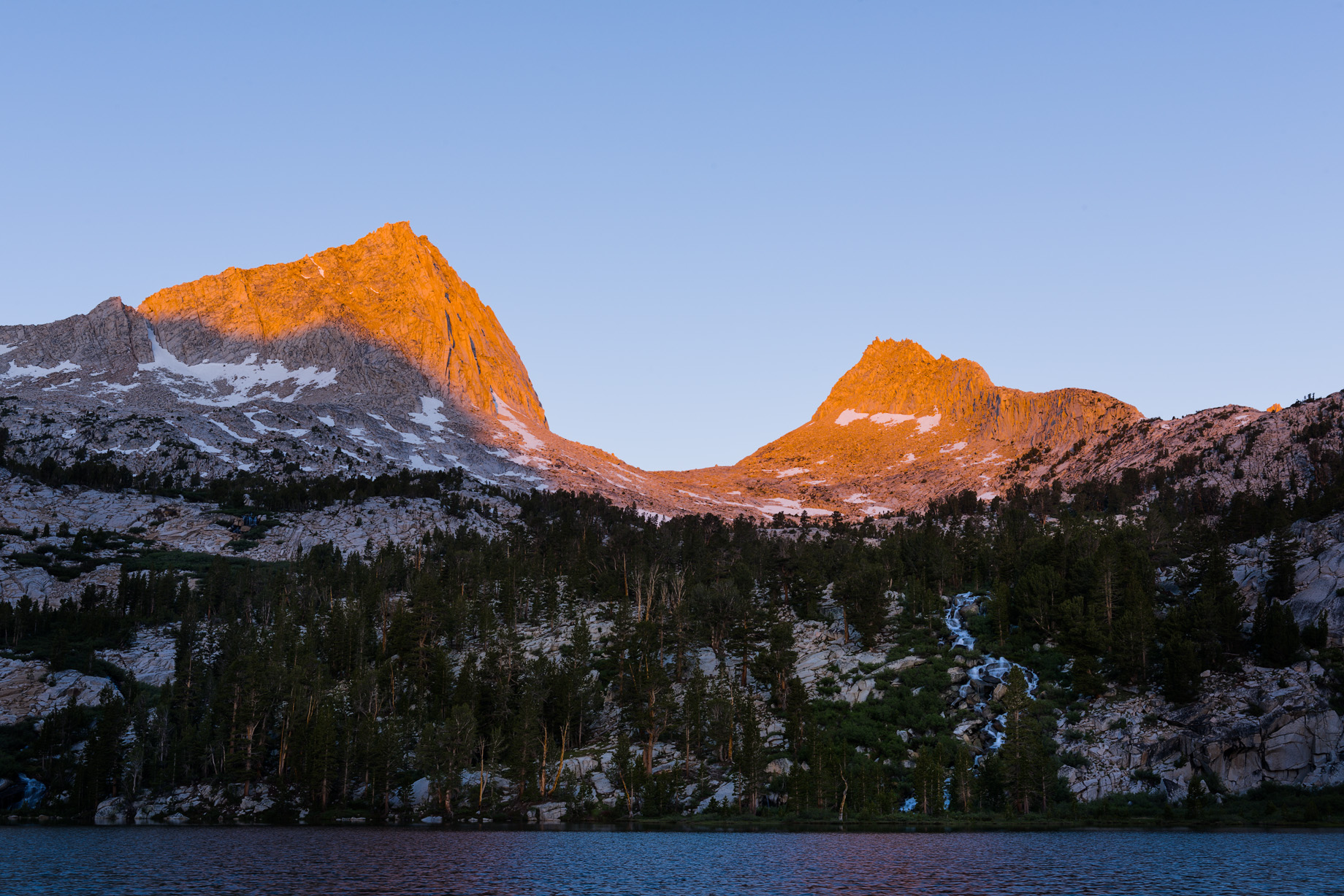 First light from Honeymoon Lake hitting in the direction of Italy Pass. The saddle visible is not Italy pass, but a perfectly doable cross-country route if you wanted to come straight across from Royce Lake on the other side.