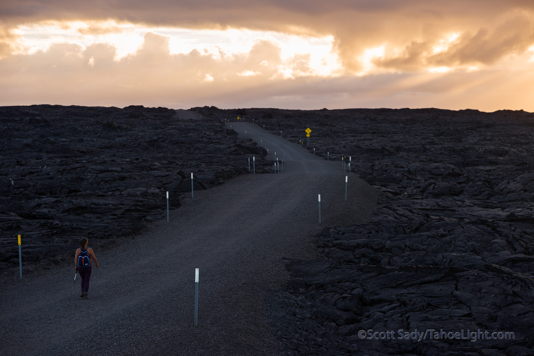 Walking the 4.5 miles into the lava flow on the closed, gravel section of Chain of Craters road from the Kalapana side in Hawaii.
