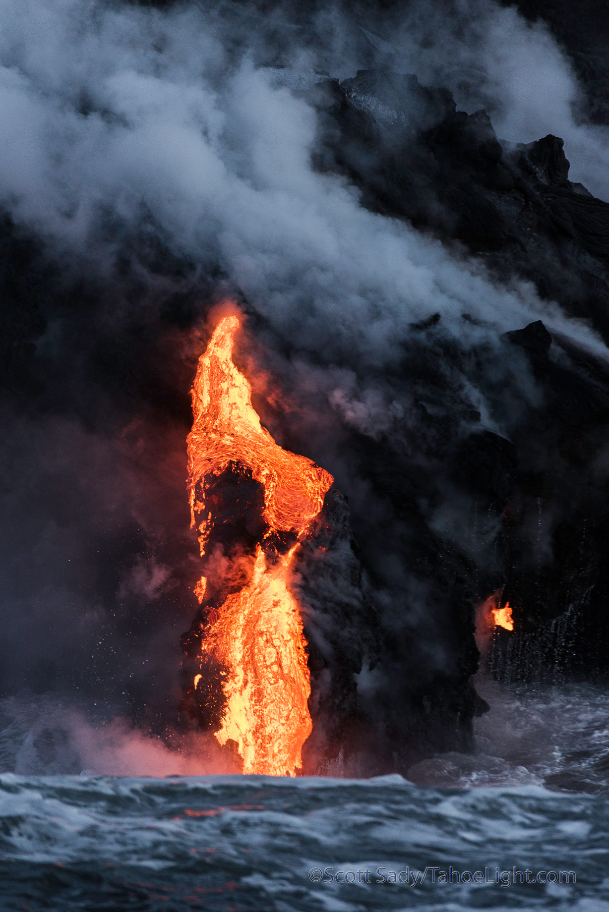 The end of the lava tube emptying into the ocean. The ocean entry points change the fastest with the water cooling the lava surface and allowing quicker formation of tubes.