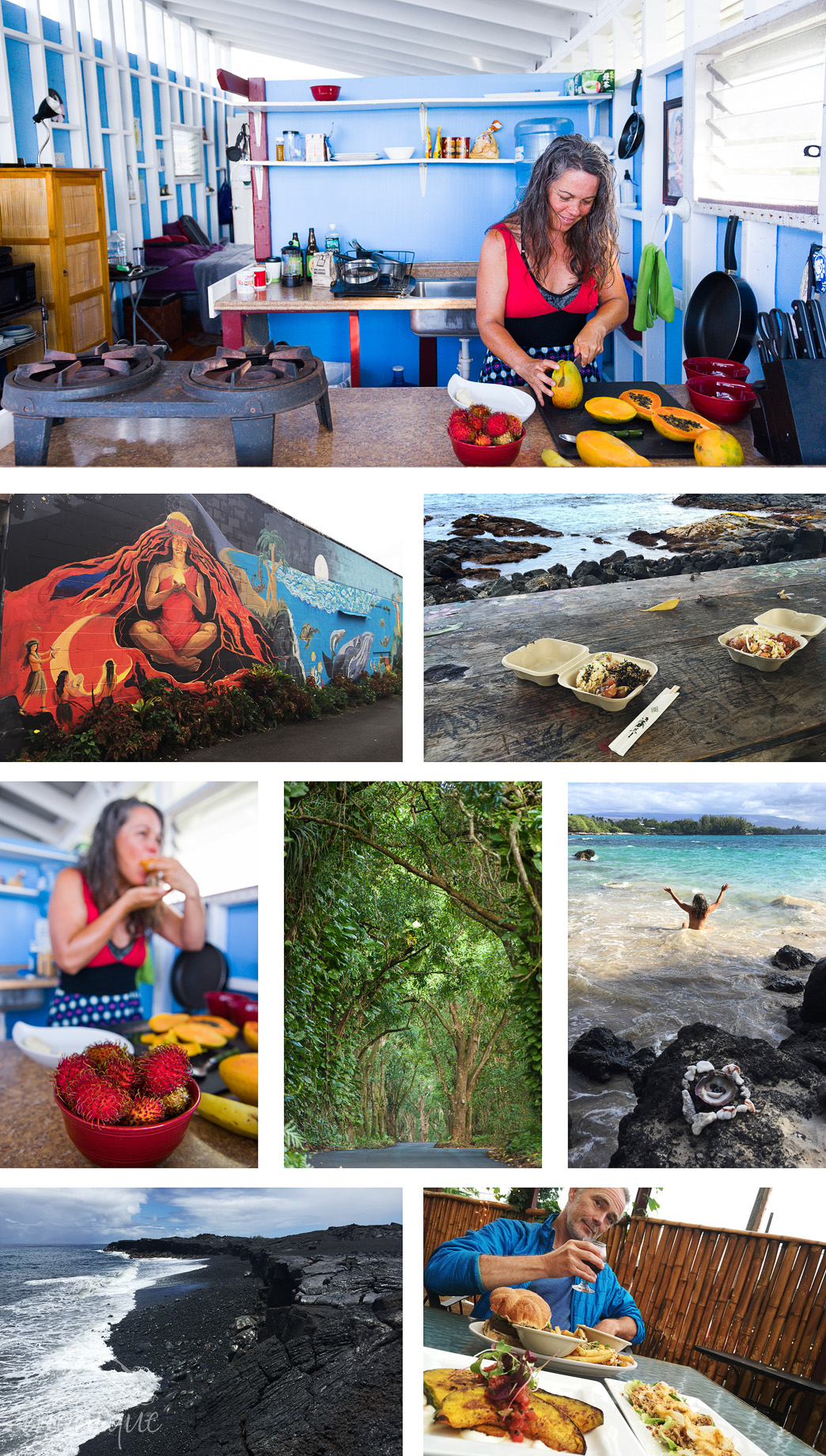 Hi, Monique here, sharing a few more images. We thought we'd end this post with a few of our "lifestyle" images from the trip... things we do on our down time when not photographing the lava. Top image: I found this cute little "tiny house" on Airbnb inside the Kalapana Gardens housing area. It was a perfect home base and had all the modest amenities we needed. Below left: A mural of Madame Pele, the fire Goddess, in the super crunchy hippy town of Pahoa, she was good to us this year, but since we left, she has doubled her efforts to get the lava flowing in to the sea! At Right: As soon as we landed in Kona, we were starving for lunch, so we just happened upon Da Poke Shack, not knowing that it is rated as the best Poke in Kona! It is a take out place with only a few places to sit at the restaurant, but there are several beautiful beaches nearby on Alii Drive that you can have a picnic with a view. Below left: Rambuton, papaya, mango and those little sweet bananas were a staple for breakfast. Middle: A lonely jungle road in the Puna district to the east of the lava flow, where we spent our down time at the black sand beach swimming and napping, and visiting warm springs pools. At right: On our last day we spent time at Waialea Beach north of Kona where we found our own private cove for skinny dipping and skinny snorkeling. Bottom left: the other black sand beach in the Kalapan area that is slowly replacing a world famous coconut tree lined beach that was wiped out from a lava flow in 1986-92 Pu'u O'o flow. This area has a long way to go, probably centuries, until the lush jungle returns. Bottom right: On our last evening, we revisited one of our favorite eateries from our first trip, The Big Island Brewhaus in Waimea.