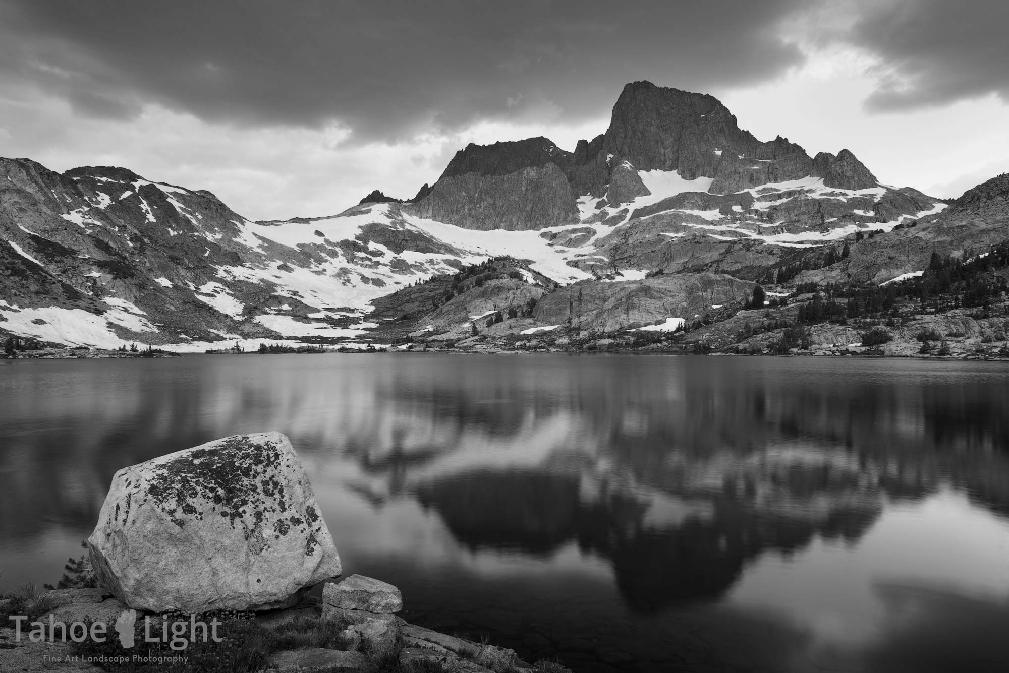Black and white landscape photograph of garnet lake