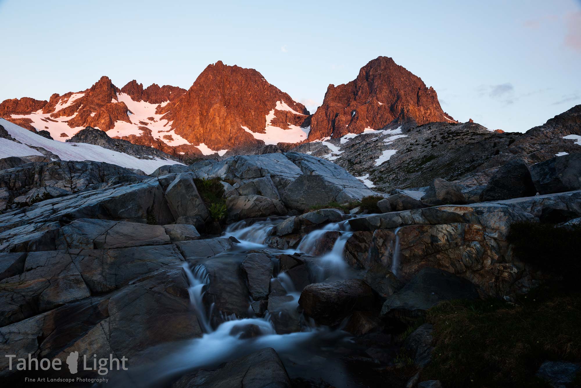 middle nydiver sunrise photograph with banner and ritter peak