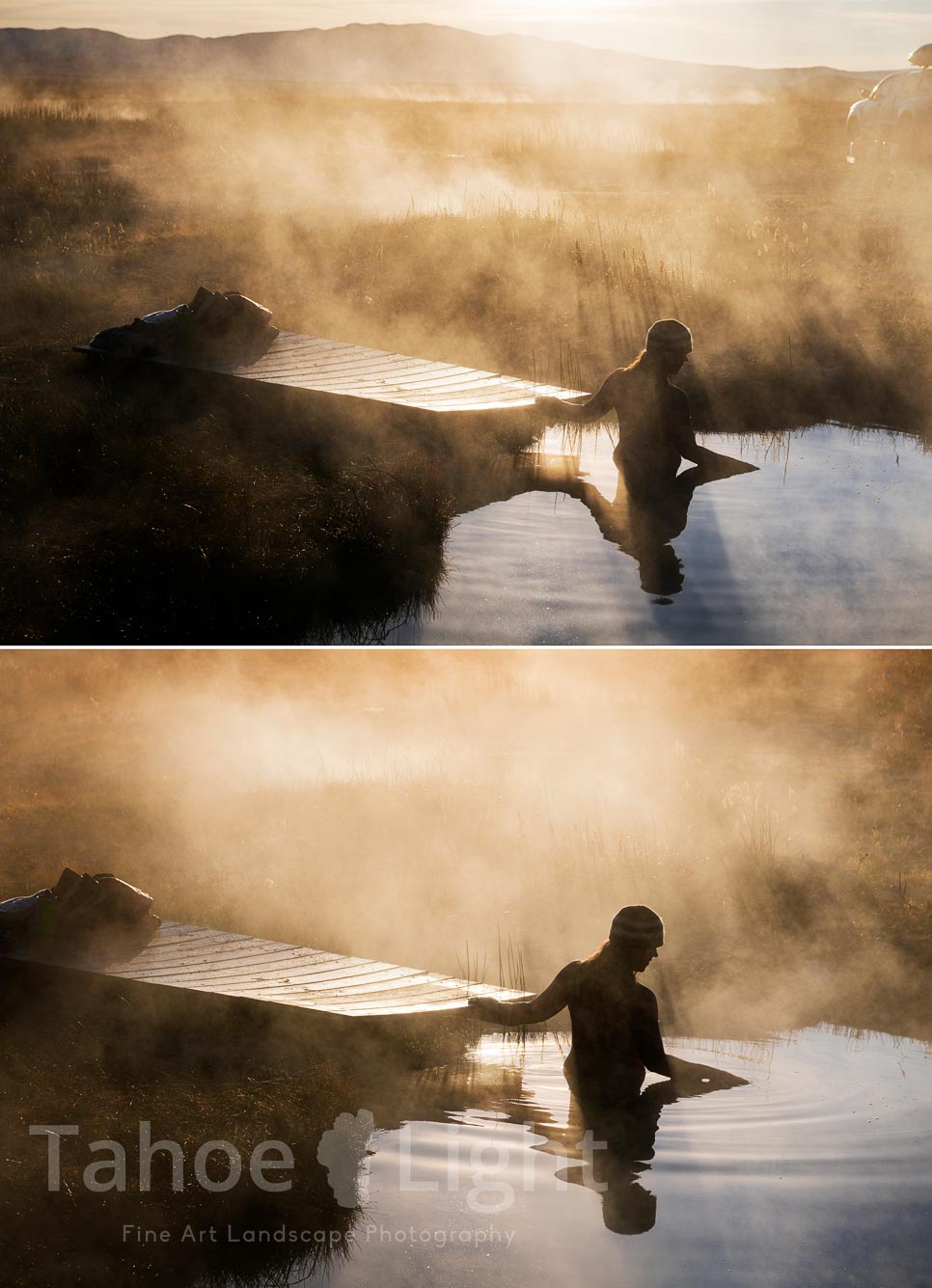 Photograph of woman getting into RUby Valley Hot Spring near Elko