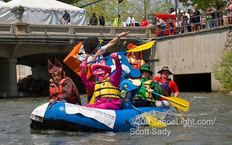 Costumed cereal heroes during the charity raft race at the Reno River Festival on the Truckee River in Reno, NV