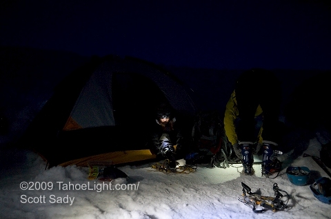 Some photographs by led headlamp as we prepare to climb from Helen Lake