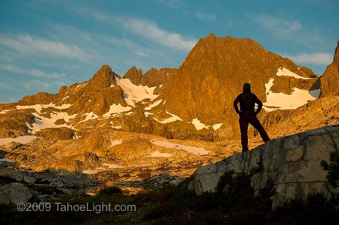 Enjoying the sunrise at the base of Ritter peak as seen from the headwaters above Nydiver Lake in the Ansel Adams wilderness. This was day 4 of a 5 day cross country route that was a version on the popular Minaret Lake-Thousand Island Lake loop.