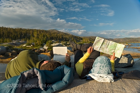 Catching up on some reading and route planning near sunset at Thousand Island lake at the base of Banner peak in the Ansel Adams wilderness. This was day 1 of a 4 day cross country route that was a version on the popular Minaret Lake-Thousand Island Lake loop.