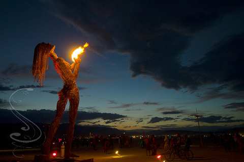 A giant sculpture of a woman holding flame at the Burning Man project 2009. I believe this same sculpture was part of the incredible Crude Awakening installation 2 years-ago. If anyone has the proper names for any of the installations in these photos, please leave a comment with them so I can add them and the artists to these descriptions.