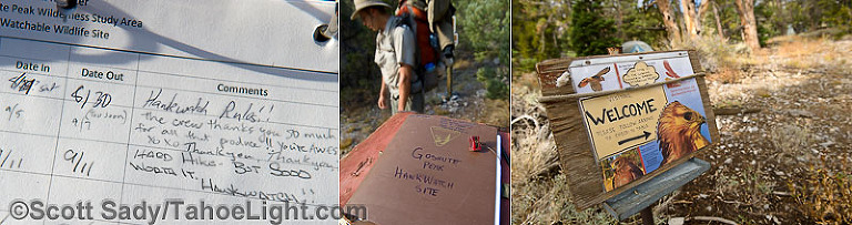 A trail log and signs greet visitors as they enter the wilderness area and make their way up the trail to the Hawkwatch International raptor research station in the Goshute mountains of eastern Nevada.
