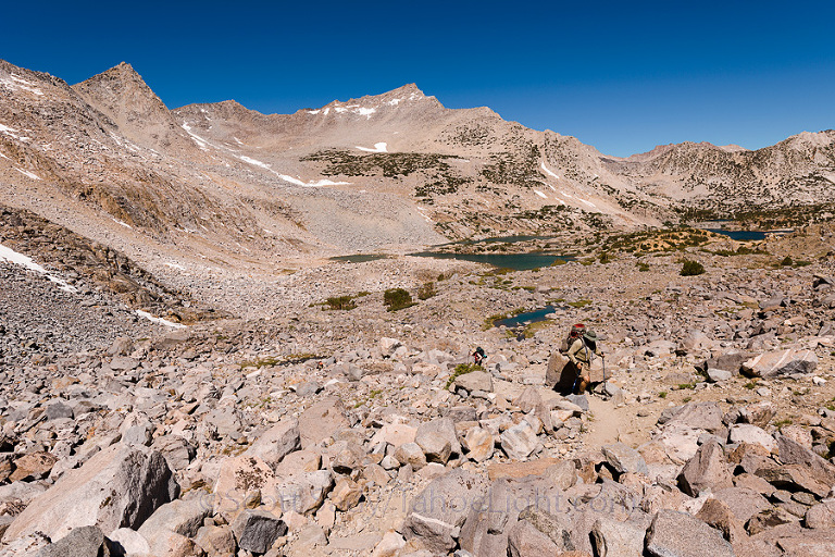 Backpacking into the Dusy Basin in the High Sierra mountain range in California.