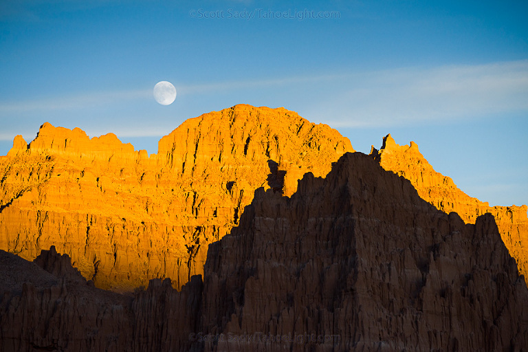 Moonrise over rock formations in Cathedral Gorge state park in South Eastern Nevada, USA.