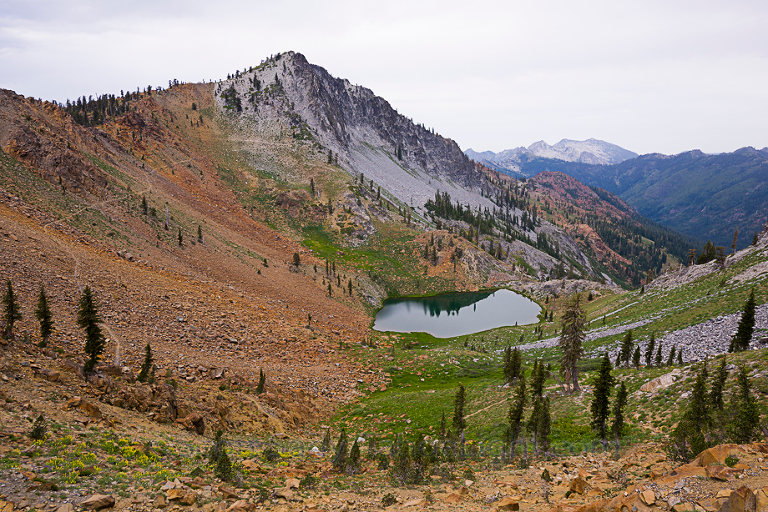 Deer lake as seen from Deer Creek Pass with the trail to Summit Lake visible high at left.