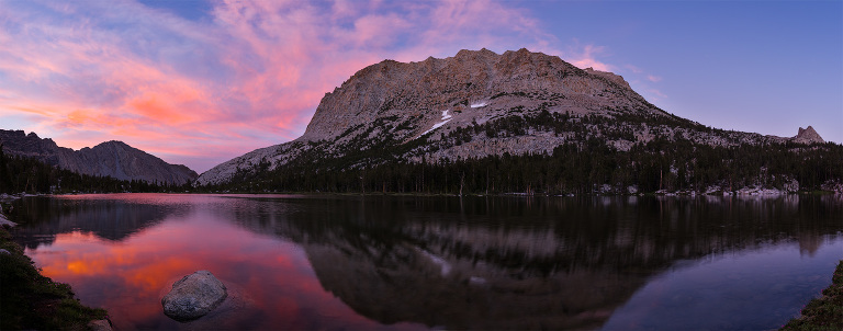 Panoramic image of Upper Pine Lake at sunset in the High Sierra.