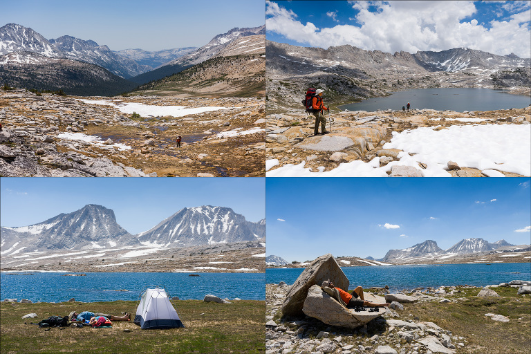 Clockwise from left: After crossing Pine Creek Pass, we cut cross country to French Lake. 2: Cresting the basin ridge holding french lake and starting down. 3-4: We had a fairly low-mileage crew this year, and after two days of up, there was a lot of relaxing along the flat shores of 11250 foot French Lake