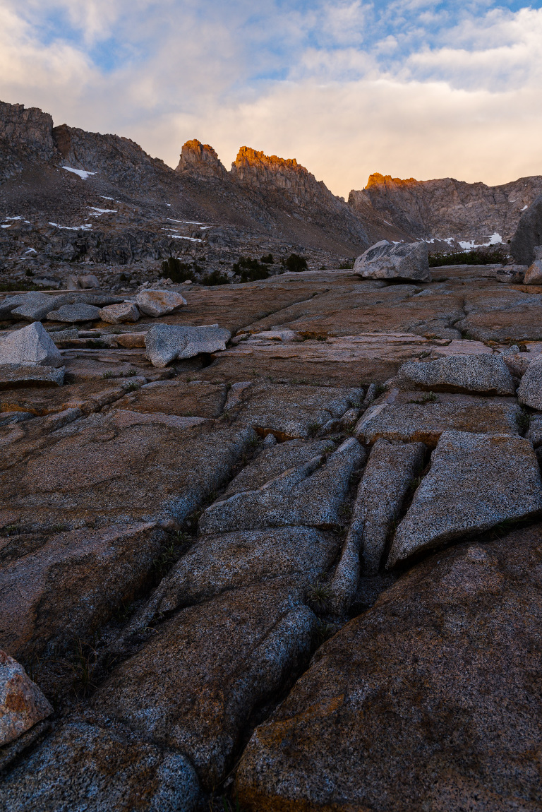 As I started down from little French Lake, the sunset really kicked up only over the 4 Gables, so I spent some time working the rock formations and stream for a decent composition.