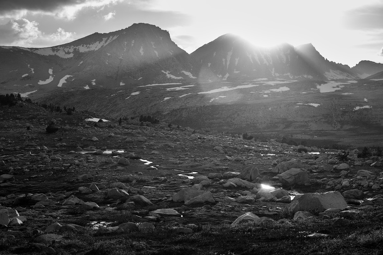 A black and white shot just after the sun passed behind Royce Peak.