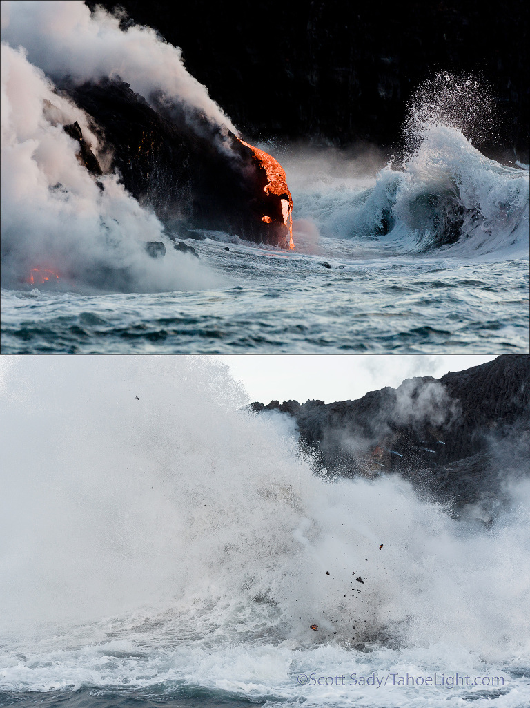 Another thing to consider besides wind and weather if you are looking for that epic ocean entry shot is tide. High tide was mostly in the morning while we were there, meaning bigger waves and more explosive impacts with the lava. It also meant the ocean entry spent more time either under water or steaming that being clearly visible. If you are doing some planning, which we did not, aim for a time when you have lower tides in the morning.