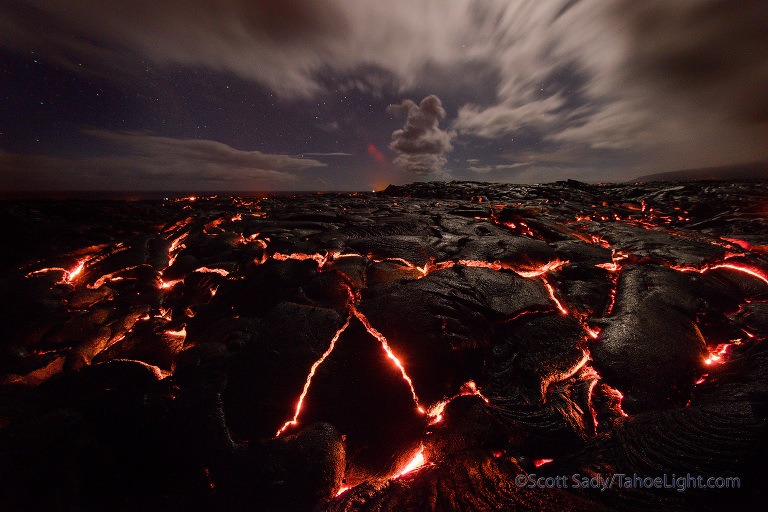 The first night we were there, the lava wasn't very active so I decided to spend the night trying to do some night photography. I had a lot of fun, and learned to find the subtle leading lines of red that you could barely see, but would seem to explode from the core of the earth on a 20 second exposure. What I did NOT count on, nor even notice until I got home, was that in the extremely hot state my camera was in, digital noise was increased about 100 fold. Where I would normally not have to think about dark frame subtraction on a 2-10 second exposure in the mountains, I found that these time frames yielded thousands of red and blue and green specs that will take hours to remove. So either keep your camera cool, or dark frame every different exposure you use.