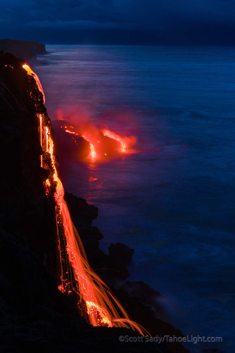 Lava flows into the ocean from the Hawaii Volcano National Park side of the lava flow from the Kilauea volcano on the Big Island.